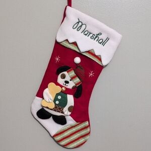 Marshall Red and White Holiday Stocking with Dog Design